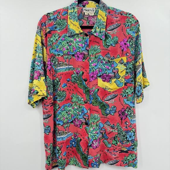 VTG Surya Sequin Hawaiian Shirt Sz L Multicolor Tropical Vacation Artsy Beach - Picture 1 of 13